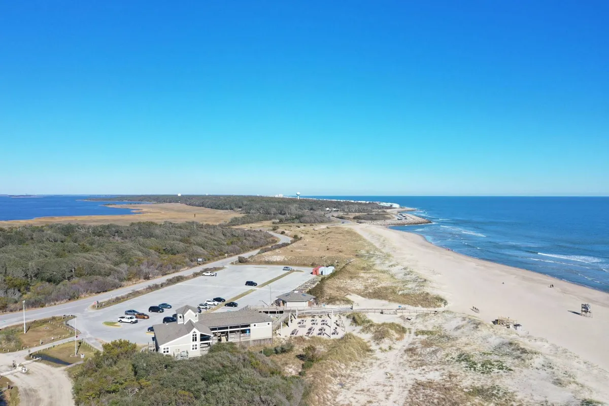 A scenic beachfront view, with a clear expanse of sandy shore, ocean waves, and surrounding greenery. The beachfront area includes a parking area, suggesting easy access to the pet-friendly beaches mentioned, such as Freeman Park.